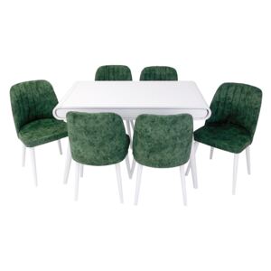 Set masă living Vegas Alb cu 6 scaune de culoare verde