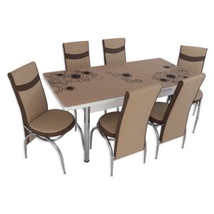 Set masă extensibilă Crem Cerc și 6 scaune crem cu maro