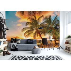 Fototapet - Tropical Beach Sunset Palm Trees Vliesová tapeta - 250x104 cm