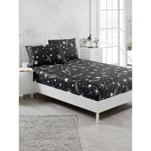 Lenjerie de pat cu cearșaf elastic și 2 fețe pernă Starry Night, 100 x 200 cm, negru