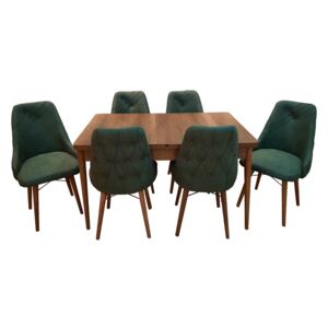 Set masă living extensibilă Aris Walnut Wood cu 6 scaune Verde Închis