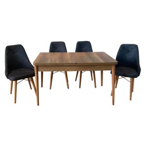 Set masă living extensibilă Aris Walnut Wood cu 4 scaune Negre