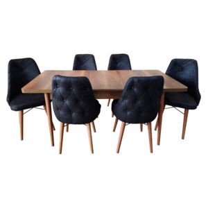 Set masă living extensibilă Aris Walnut Wood cu 6 scaune Negre