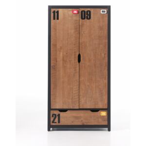 Dulap din lemn de pin si MDF cu 2 usi si 1 sertar, pentru copii Alex Natural / Negru, l100xA55xH200 cm