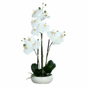 Orhidee artificiala Phalaenopsis alba cu aspect 100% natural in vas ceramic, 36 cm