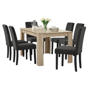 [en.casa]® Set Oak masa bucatarie cu 6 scaune, masa 140 x 90 x 77 cm, scaun 90 x 37 x 48 cm, MDF/tesatura, multicolor pentru 6 persoane