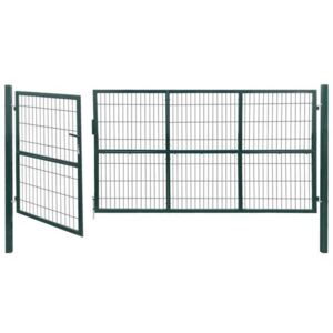 Poartă gard de grădină cu stâlpi, 350 x 140 cm, oțel, verde