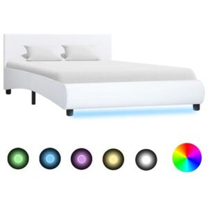 Cadru de pat cu LED-uri, alb, 120 x 200 cm, piele ecologică
