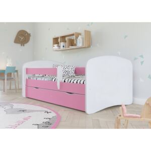 Pat pentru copii cu bariera Ourbaby - roz-alb Loki 140x70 cm pat fără spațiu de depozitare