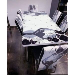 Set masa extensibila si 6 scaune Modella, blat sticla, 170 x 80 x 70 cm, Valuri Alb-Negru