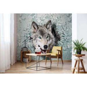 Fototapet - Wolf 3D Bursting Through Brick Wall Vliesová tapeta - 416x254 cm