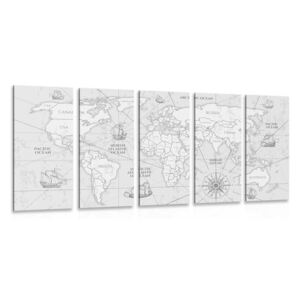 Tablou 5-piese harta lumii cu bărci în design alb-negru