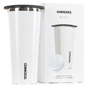 Set pahar de voiaj din inox și formă pentru gheață Corkcicle Invisiball, 710 ml, alb