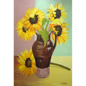 Five Sunflowers in a Tall Brown Jug,2007 Reproducere, Joan Thewsey