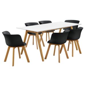[en.casa]® Masa de bucatarie/salon bambus design Niko, MDF/plastic/lemn de fag, 180 x 80 x 76 cm cu 6 scaune, alb/negru
