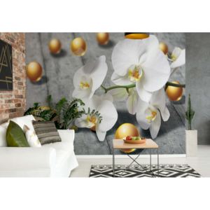 Fototapet - Abstract 3D Design Yellow Balls Orchids Vliesová tapeta - 206x275 cm