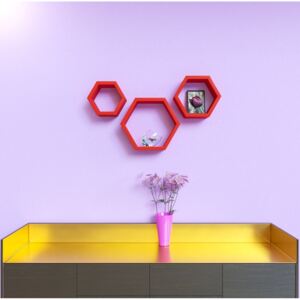 Set 3 rafturi de perete din lemn in forma hexagonala Carnival rosu