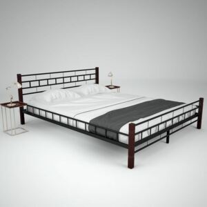Cadru de pat metalic, bază șipci, 160 x 200 cm, stâlpi lemn