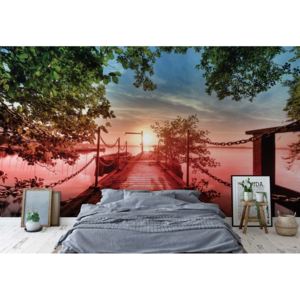Fototapet - Lake Pier Red Sunset Vliesová tapeta - 250x104 cm