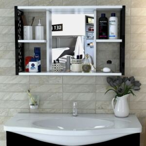 Raft de perete din PAL/PPE cu oglinda, Bon Homs, alb/negru, 80 x 20 x 50 cm
