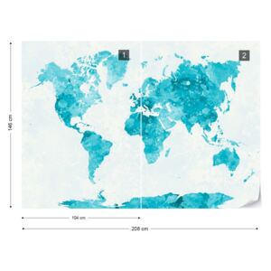 Fototapet - Watercolour World Map Turquoise Tapet nețesute - 208x146 cm
