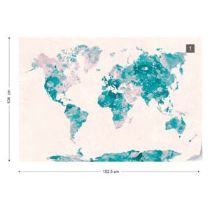 Fototapet - Watercolour World Map Turquoise & Pink Tapet nețesute - 152,5x104 cm