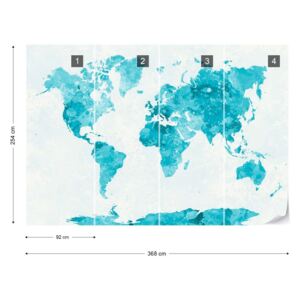 Fototapet - Watercolour World Map Turquoise Samolepící textilní tapeta - 368x254 cm