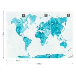 Fototapet - Watercolour World Map Turquoise Tapet nețesute - 312x219 cm