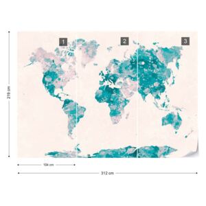 Fototapet - Watercolour World Map Turquoise & Pink Tapet nețesute - 312x219 cm