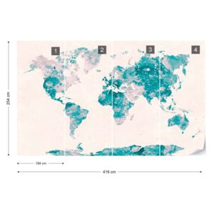 Fototapet - Watercolour World Map Turquoise & Pink Tapet nețesute - 416x254 cm