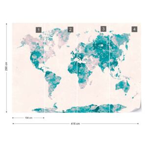 Fototapet - Watercolour World Map Turquoise & Pink Tapet nețesute - 416x290 cm