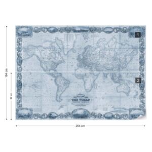 Fototapet - Vintage World Map II Blue Samolepící textilní tapeta - 254x184 cm