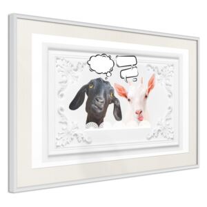 Bimago Tablou înrămat - Conversation of Two Goats Cadru alb cu passe-partout 60x40 cm