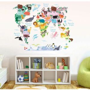 Decorațiune autocolantă Harta Lumii cu animale pentru copii, 90 x 70 cm