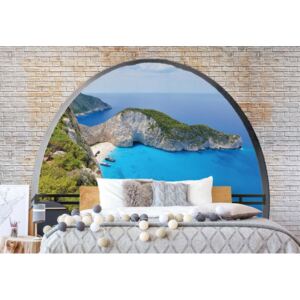 Fototapet - Greece Island Beach Window View Vliesová tapeta - 416x254 cm