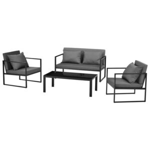 Set mobilier gradina, masa, 2 scaune, canapea, metal sticla poliester, negru gri inchis