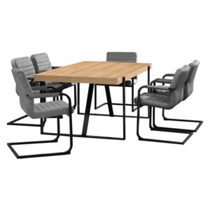 [en.casa]® Set Ciocarlia masa bucatarie eleganta cu 6 scaune design, masa 200 x 100 x 77cm, scaun 86,5 x 60 cm, MDF/metal/imitatie piele, stejar natur/gri