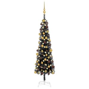 Set brad de Crăciun subțire cu LED-uri și globuri negru 120 cm