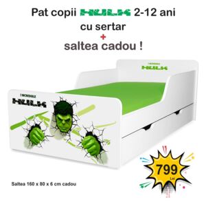 Pat copii Hulk 2-12 ani cu sertar si saltea cadou