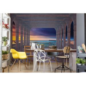 Fototapet - Beach Sunset 3D View Through Columns Vliesová tapeta - 254x184 cm