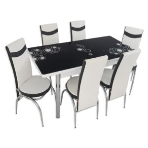 Set masă extensibilă Negru Cerc și 6 scaune alb cu negru