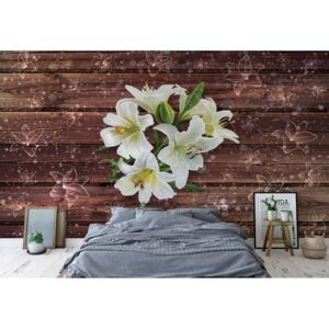 Fototapet - White Flowers Wood Plank Texture Vliesová tapeta - 416x254 cm