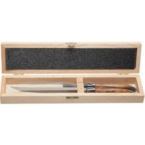Tacâmuri, cuțit și furculiță cu mâner din lemn de măslin, într-o cutie de cadouri de lemn, cu lamă de oțel