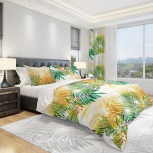 Lenjerie de pat albă cu frunze de palmier galbene și verzi 2 părți: 1buc 140 cmx200 + 1buc 70 cmx80
