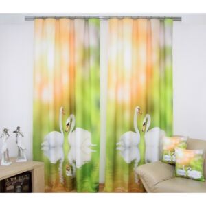 Draperii la prețuri avantajoase în culoarea verde-portocaliu cu lebede albe Lăţime: 160 cm | Lungime: 250 cm (într-un set de 1 bucată)