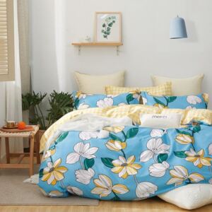 Lenjerie de pat frumoasă din bumbac albastru cu flori 4 părți: 1buc 160 cmx200 + 2buc 70 cmx80 + cearșaf de pat