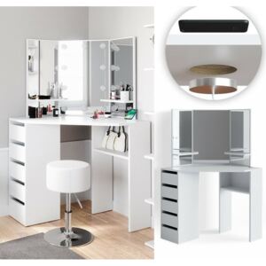 SEA353 - Set Masa alba toaleta cosmetica machiaj oglinda cu LED, masuta vanity pe colt cu incarcare Qi