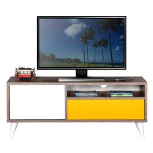 Comoda TV Adore Retro, cu usa si sertar, Latte/Galben/Alb, 120x50x40 cm