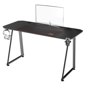 Birou Gaming Adore EXPERT SERIES, 140 x 60 x 75 cm, suprafata negru carbon, mousepad 80 x 30 cm, suport pentru casti si pahar, reglaj suprafata podea