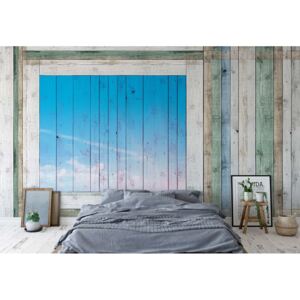 Fototapet - Painted Wood Planks Blue Window Vliesová tapeta - 416x254 cm